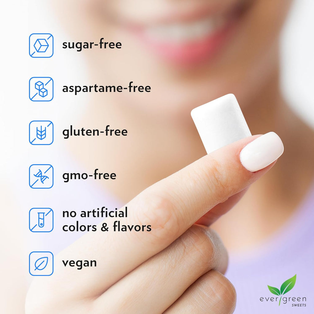Evergreen Sweets Chewing gum 100 Count Jar - Natural Peppermint Gum Made with Xylitol and Stevia - Sugar-Free, Aspartame Free and Vegan