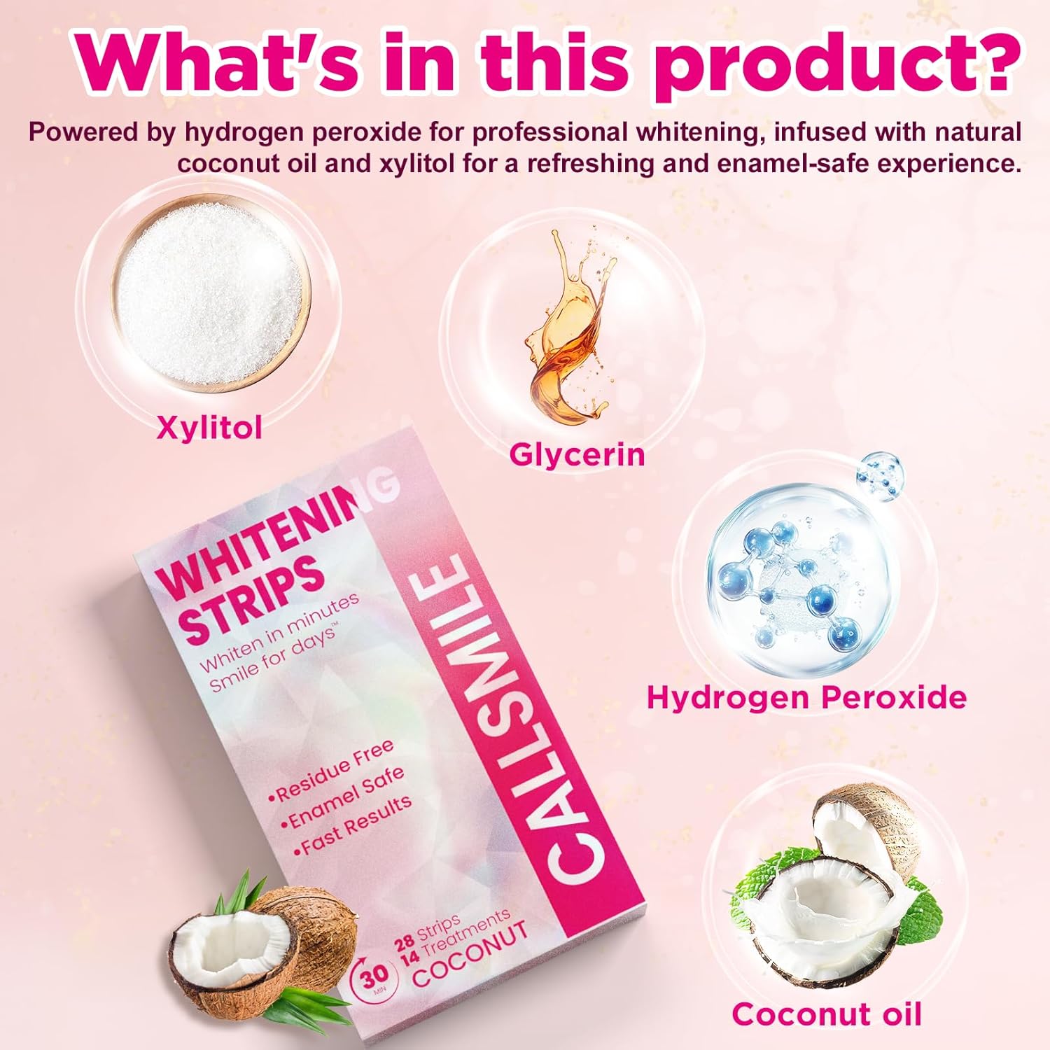 CALLSMILE Teeth Whitening Strips - 14 Treatments Enamel Safe, Professional Teeth Whitening with Non-Slip Dry Strip Technology, Deep Stains Removal, No Sensitivity, Coconut (28 Strips)