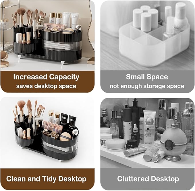 Rotating Vanity Organizer with Brush Holder and Drawer, 3 Layer Cosmetic Skincare Storage, Large Countertop Makeup Perfume & Lotions Display Case (Black)