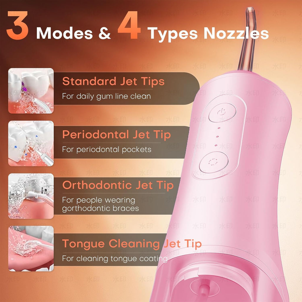Water Dental Flosser - Portable Cordless Oral Irrigator 300ML, Rechargeable IPX7 Waterproof Irrigation Cleaner for Teeth Cleaning & Flossing, Travel & Home Use (Pink)