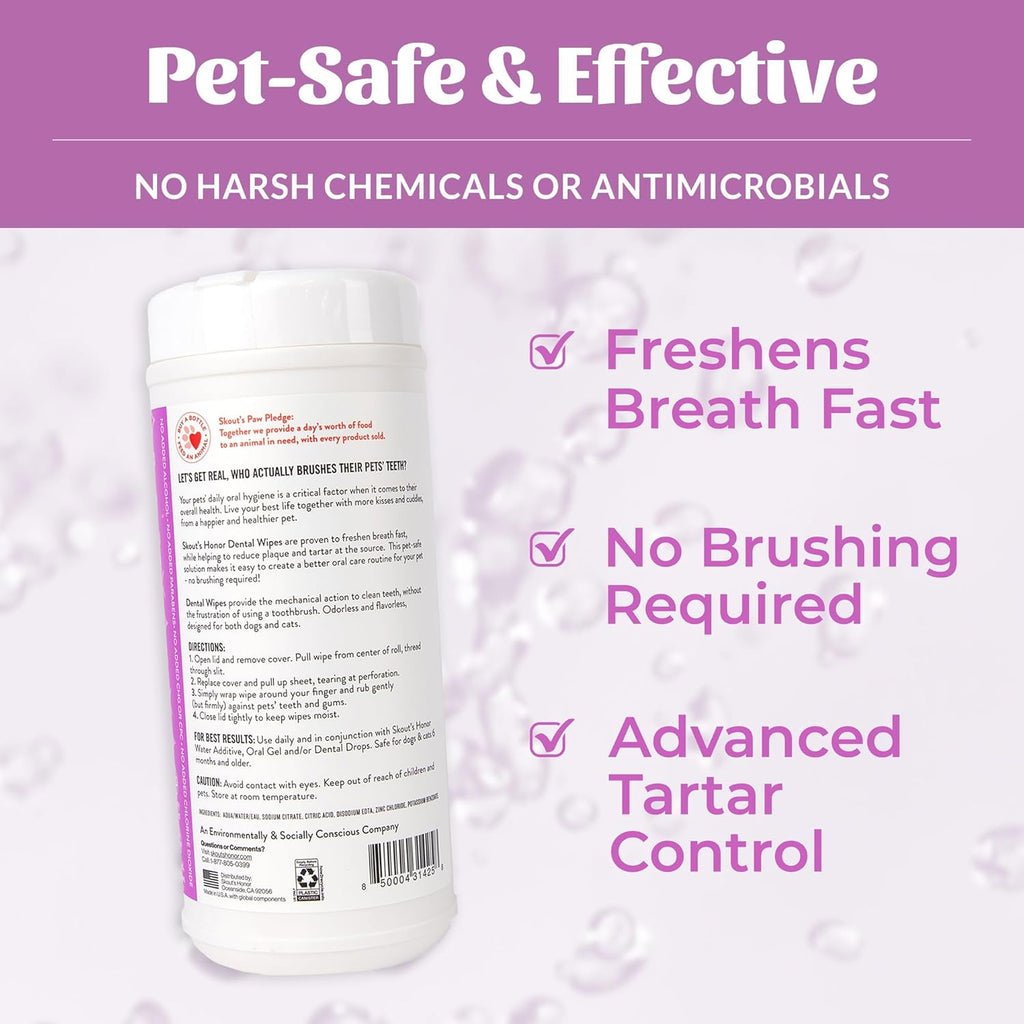 SKOUT'S HONOR Pet Dental Wipes - Fights Plaque and Tartar, Freshens Breath Fast, No Brushing Required, 50 Sheets, 2-Pack