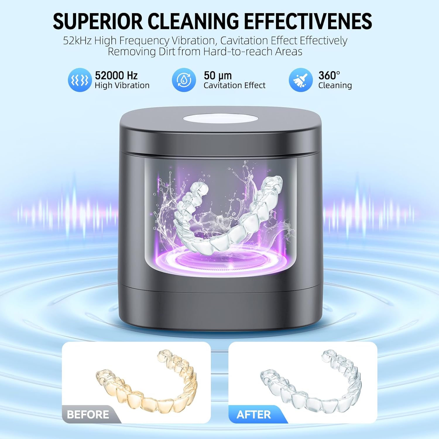 TEBAL Ultrasonic Retainer Cleaner Machine, 52kHz Ultrasonic Denture Cleaner for Night Guards, Braces, Toothbrush Heads, Jewelry and More, Ultrasonic Cleaner for Retainers with 250ML Capacity, Black