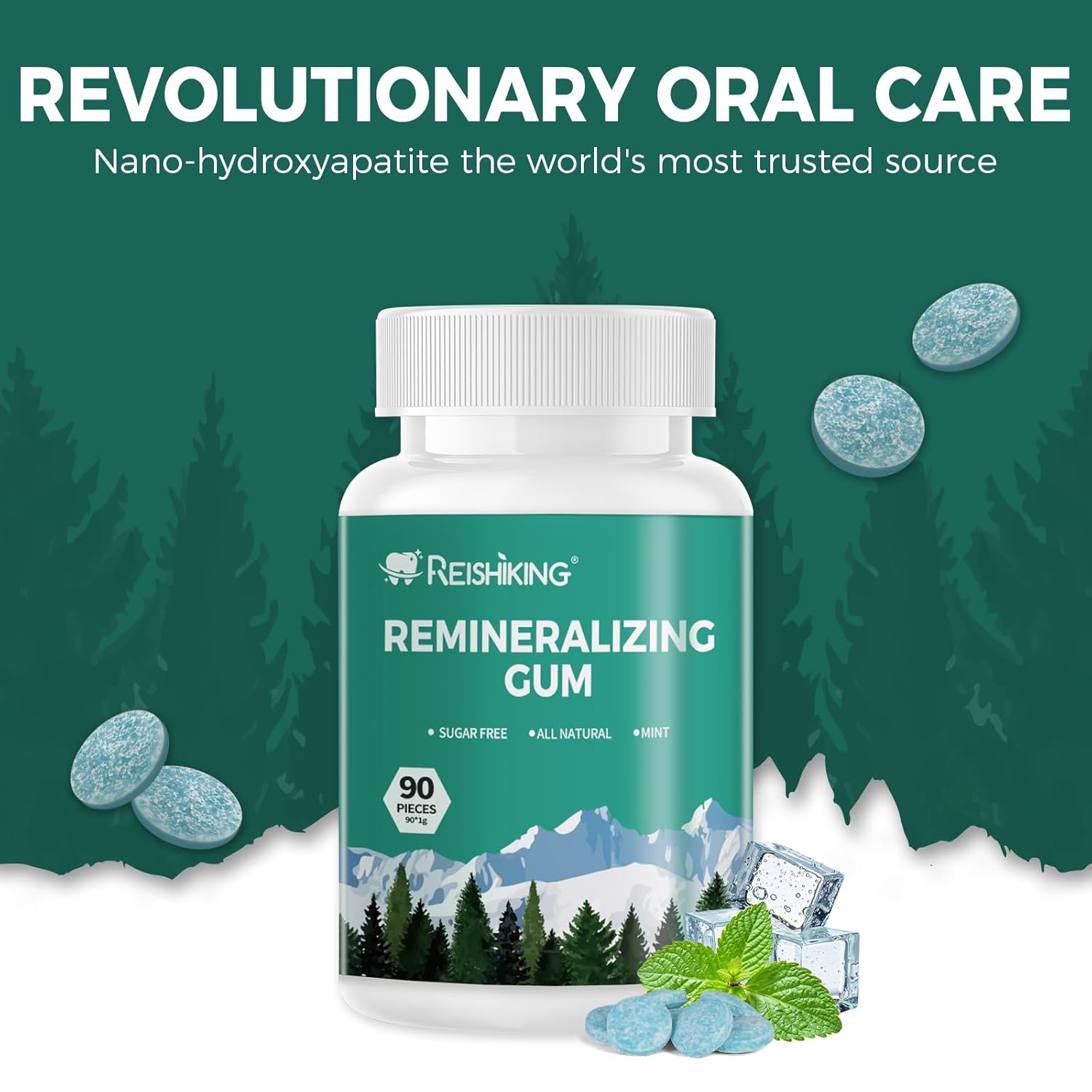 REMINERALIZING GUM, 90 Pieces, Teeth Remineralization, Sugar-Free Chewing Gum with Xylitol, Mint Flavor, Two pills after meals to freshen breath and clean teeth