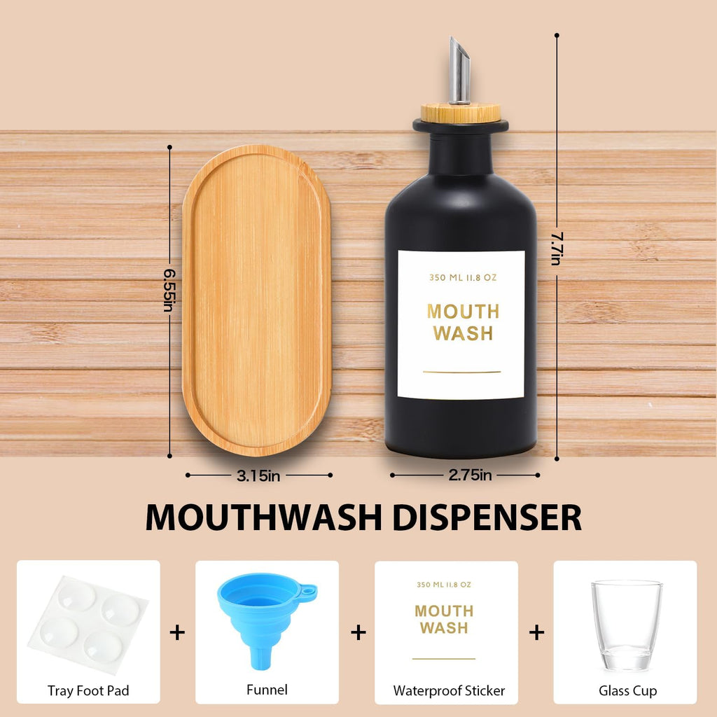 11.8OZ Mouthwash Dispenser for Bathroom with Bamboo & Stainless Steel Pour Spout, Mouthwash Cups Reusable, Bamboo Tray, and Elegant Gold Label. Set of 2（Black/White
