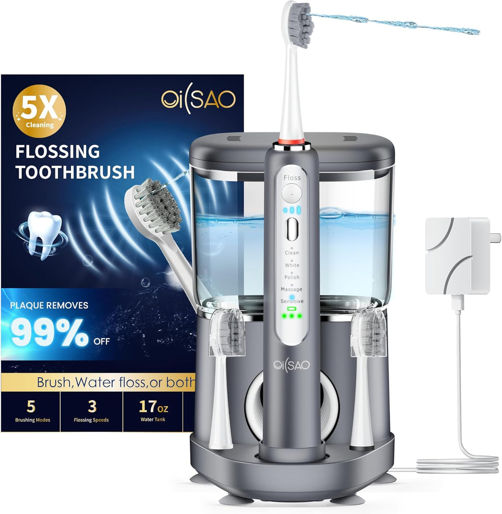 Electric Toothbrush with Water Flosser, Advanced 2.0 Flossing Toothbrush Combo in One with 5 Brush Modes & 3 Floss Speeds,500 ML Cordless,for Adults,Teeth, Gums, Braces, Dental Care,Gray