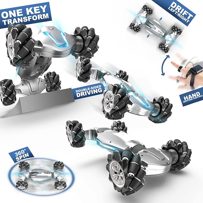 1:10 Scale Gesture Sensing Rc Stunt Car, 4WD Remote Control Hand Controlled Transform , Double Sided Vehicle 360° Spins with Lights Music, All Terrains Monster Truck for Boys Kids