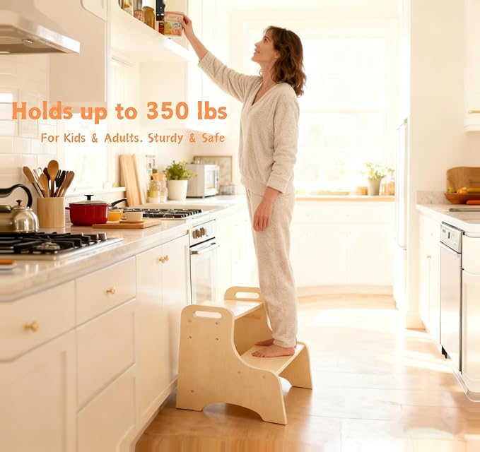 Toddler Step Stool, 2-Step Wooden Step Stool with Adjustable Hight, Sturdy 330lbs Capacity Kid Stool for Toddlers, Easy-Wipe Surface (Natural Wood)