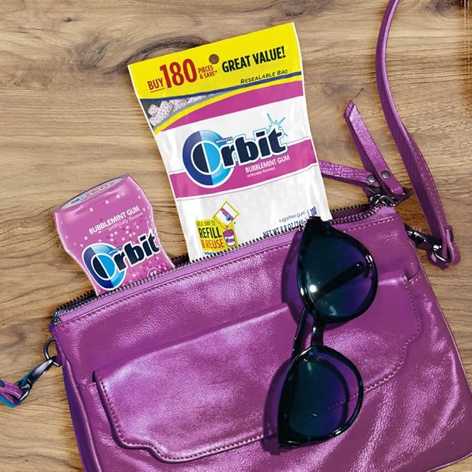 ORBIT Bubblemint Sugar-Free Chewing Gum Bulk Pack, 2 Bags - 180 Pieces & 2 Bottles - 55 Pieces Bubble Gum