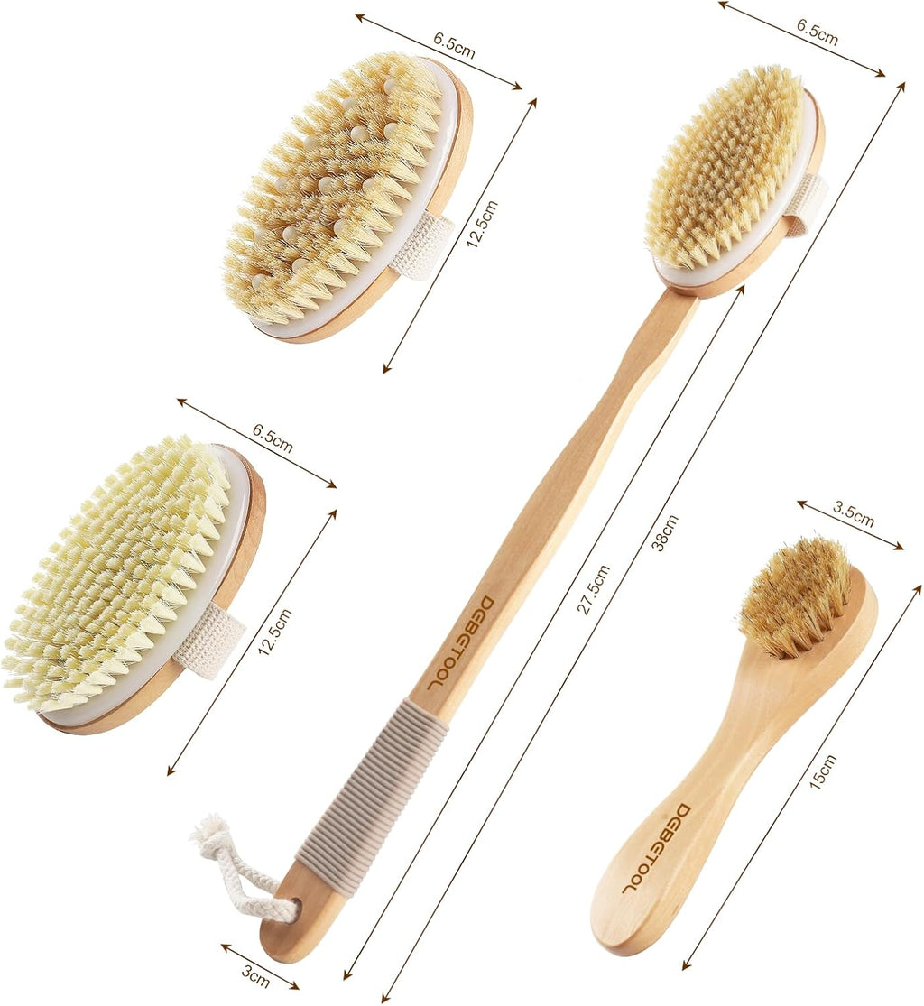 Dry Brushing Set - Natural Boar Bristle Body & Face Brush, Wooden Long Handle Scrub Brush for Cellulite & Lymphatic Drainage, Detachable, 3 Brush Heads