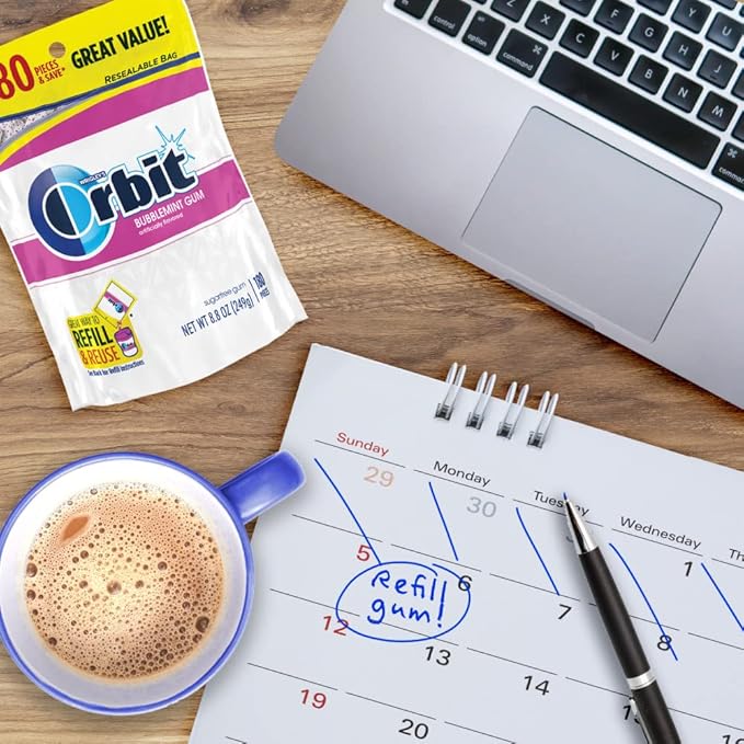 ORBIT Bubblemint Sugar-Free Chewing Gum Bulk Pack, 2 Bags - 180 Pieces & 2 Bottles - 55 Pieces Bubble Gum