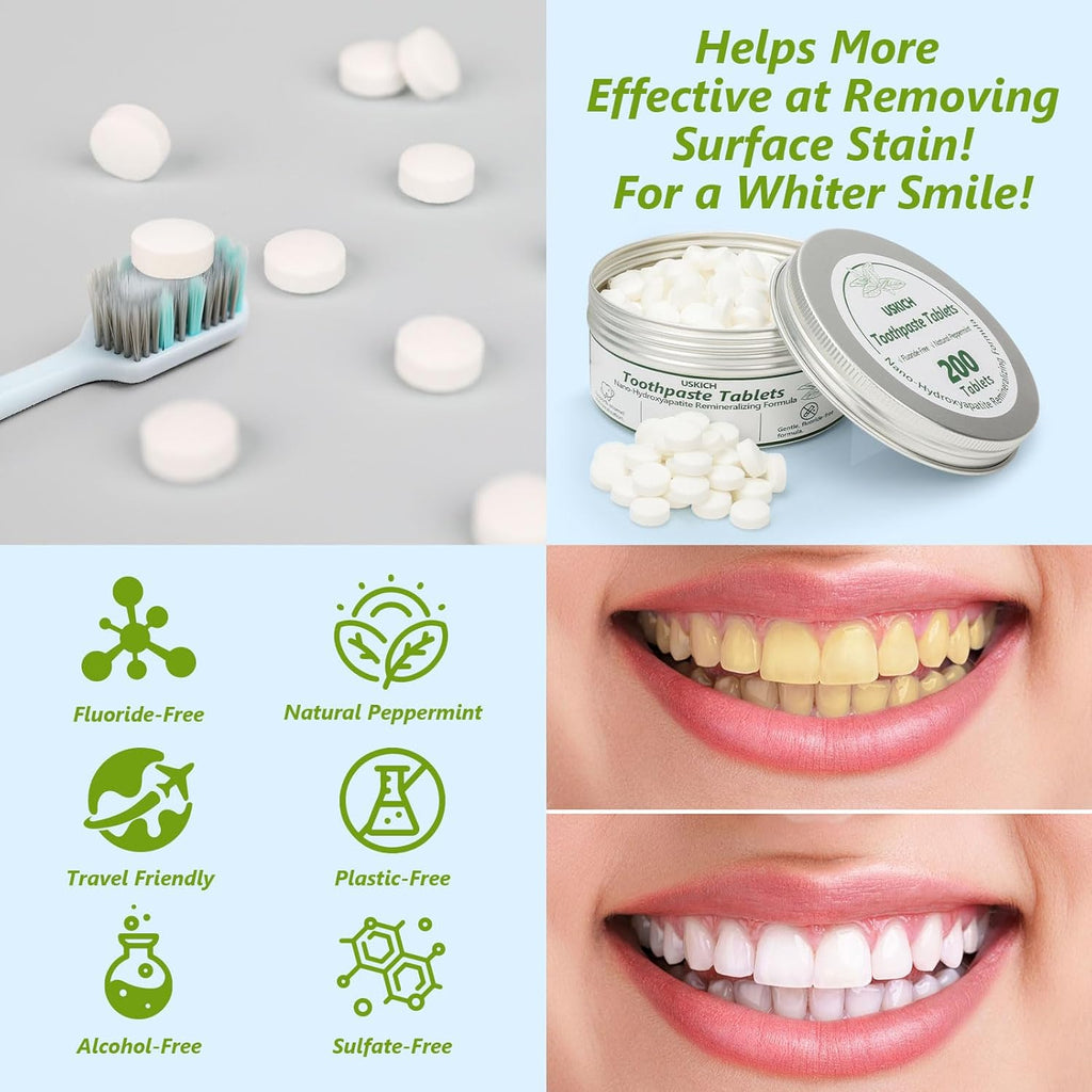 200 Pcs Toothpaste Tablets - Nano Hydroxyapatite Natural Whitening, Reduce Sensitivity,Fluoride & Plastic Free, Eco Friendly & Travel Mouthwash Tablets
