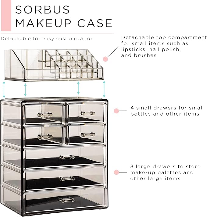 Sorbus Acrylic Makeup Organizer Set, 7-Drawer Vanity & Countertop Cosmetic Storage with Small & Wide Compartments, Black-Tint Makeup Storage for Brushes, Jewelry – Holiday Gift for Women & Teens