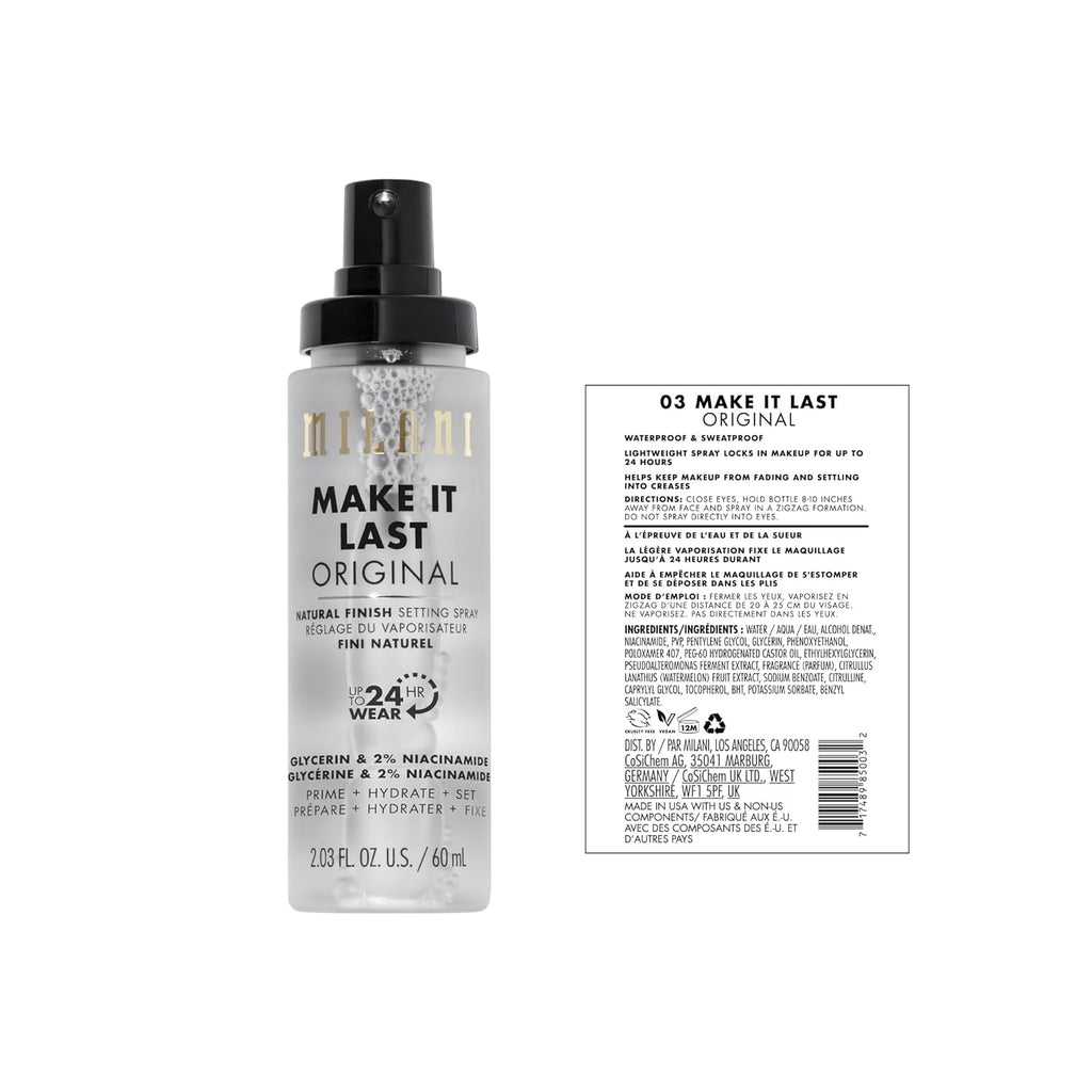 Milani Setting Spray + Primer, Make It Last Original - Natural Finish with Niacinamide for Hydration & Make It Last Matte- Oil Absorbing Charcoal Formula to Control Shine - 2 Pack