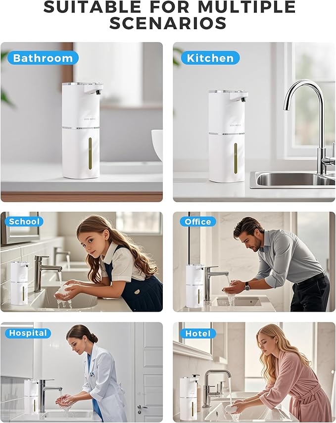 2 Pack Automatic Foaming Soap Dispenser, 400ml//13.53oz Rechargeable, Adjustable Foam Levels, IPX5 Waterproof, Touchless & Wall/Tabletop Use for Kitchen Bathroom, White