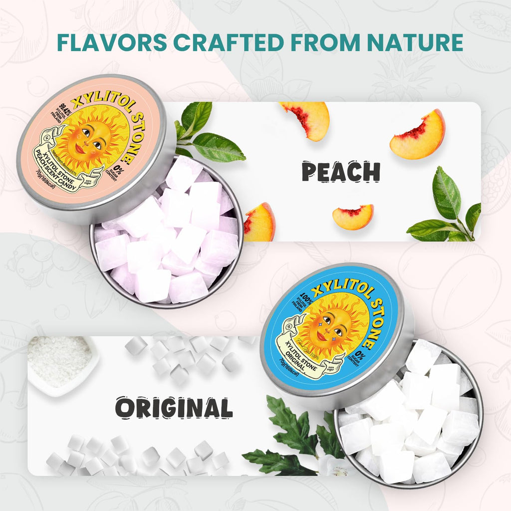 Xylitol Stone Sugar Free Candy - Vegan & Keto Friendly Unique Hard Candy - 100% Natural Flavor Candies - Gluten Free & Non-GMO Breath Freshener Low Calorie Mints - Pack of 2 (Original, Peach)