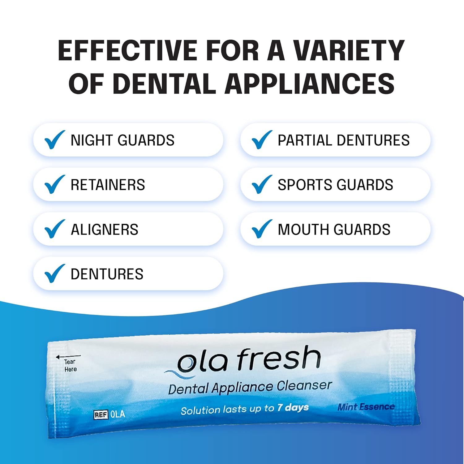 Ola Fresh Dental Appliance Cleanser, Professional Denture and Retainer Powder Cleanser (Mint Essence Flavor, 24 Packets, 6 Month Supply)