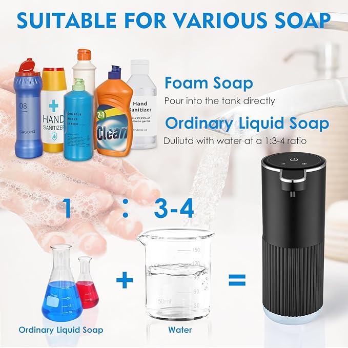 2 Pack Automatic Soap Dispenser Touchless, Rechargeable Foaming Hand Soap Dispenser, 4-Level Adjustable Foam for Bathroom Countertop, Electric（Black）