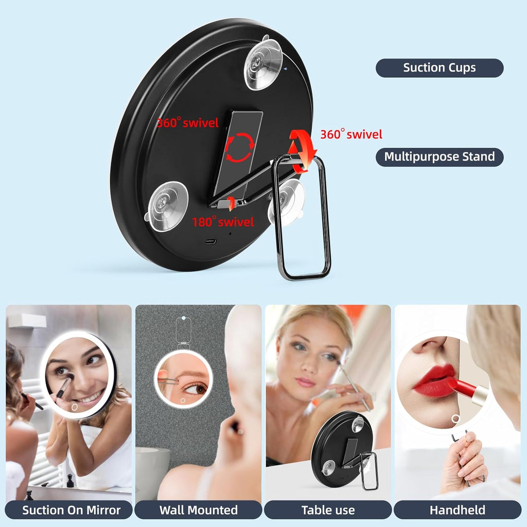 20X Magnifying Mirror with Light, Large 6'' Rechargeable 3 Colors Dimming Lighted Magnified Mirror with 3 Suction Cups and 360° Table Stand, Vanity Makeup Mirror with Tweezers & Scissors