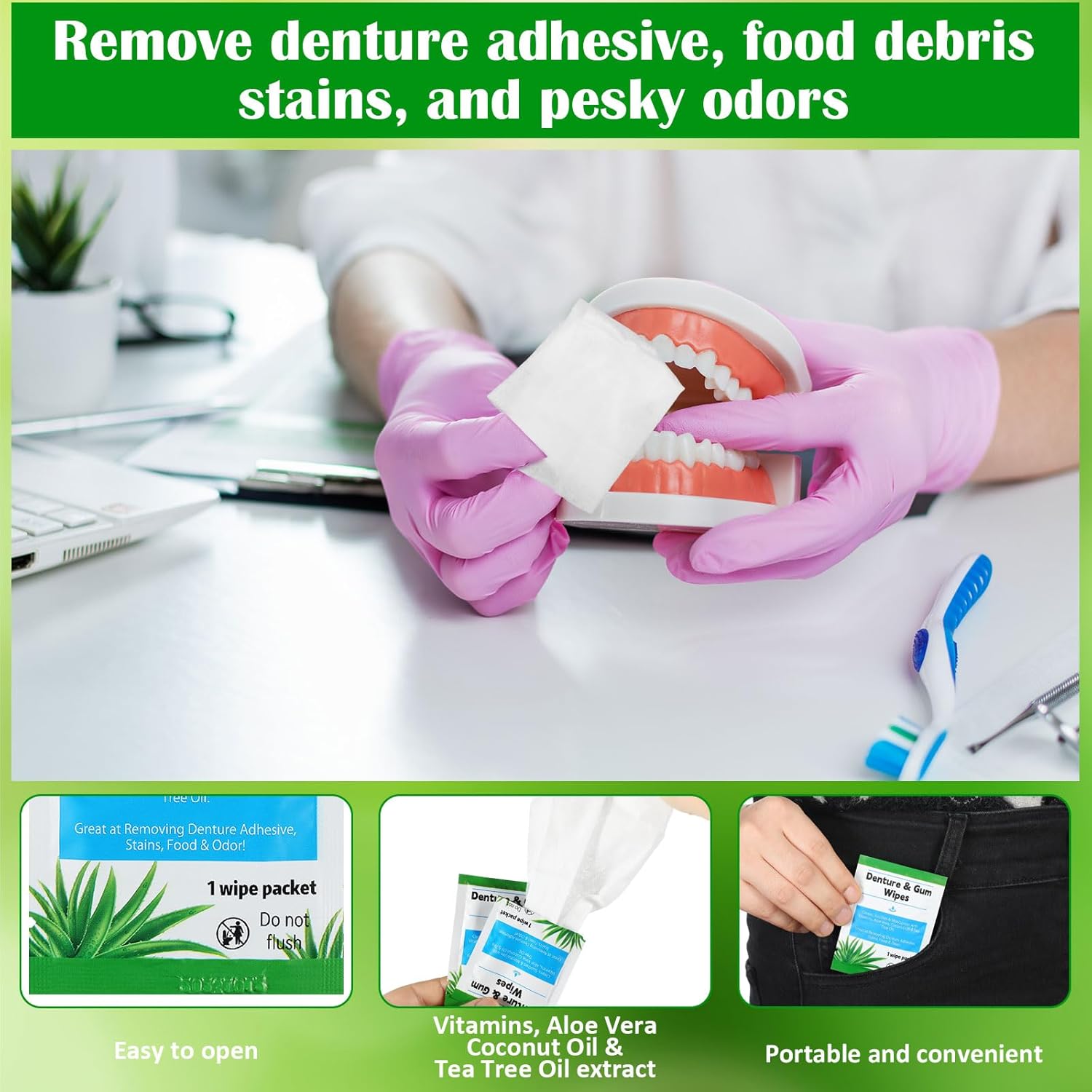 Timgle 100 Pcs Denture Cleaning Wipes Refreshes Gums Deep Cleaning Wipes for Remove Denture Adhesive, Food Debris, Stains and Odor