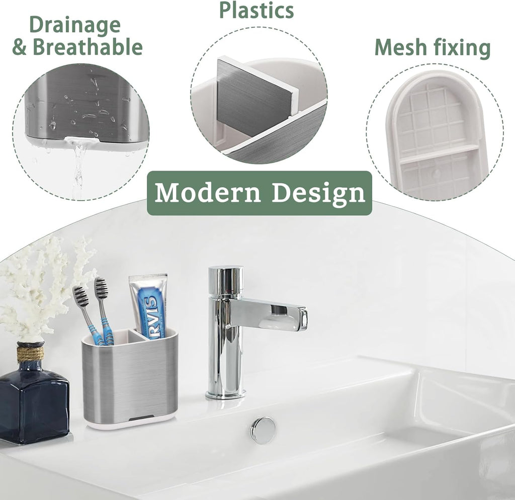 Toothbrush and Toothpaste Holder with Divider for Bathroom Countertop Organizer, 2 Slots Electric Toothbrush Holders Storage Caddy Drainage for Family, Kids (Brushed Silver)