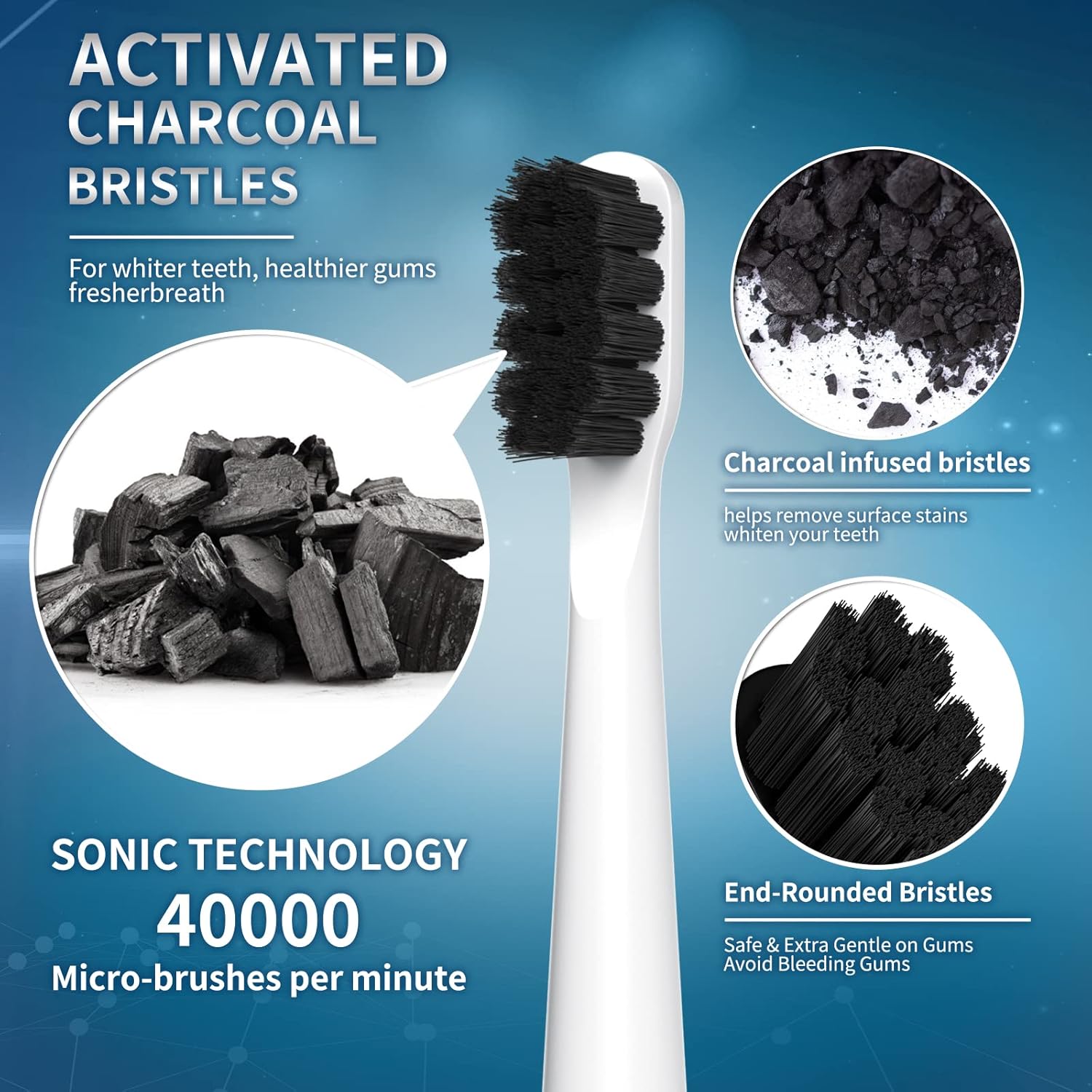 YUNCHI Sonic Electric Toothbrush for Adults & Kids with 8 Charcoal Brush Heads, Y2 Rechargeable Electric Toothbrushes, Deep Clean & Fresh Breath, 5 Modes, Fast Charge, 2 Mins Timer Tooth Brush,White