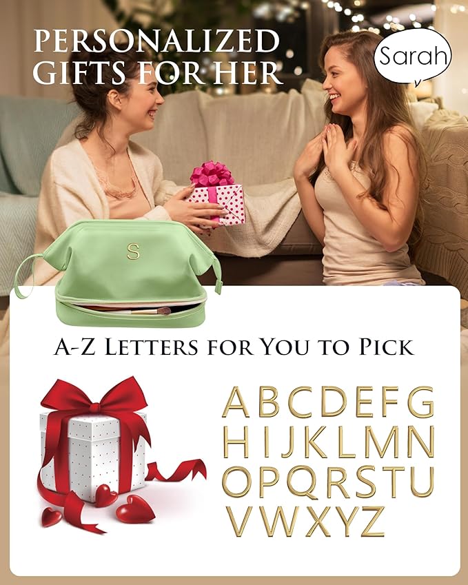 Gifts for Teen Girls 16-18, Initial Large Makeup Bag, Bride To Be Gifts, Double Layer Cosmetic Bag, Waterproof PU Travel Toiletry Bag for Bachelorette Party Women Wedding Bridal, Bride Gifts