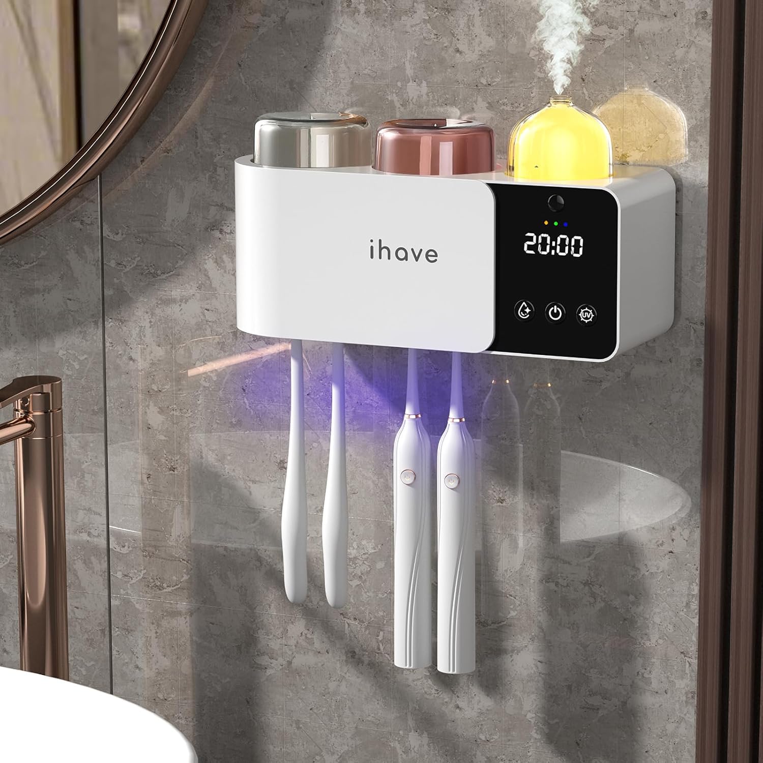 iHave Toothbrush Holders with UV Toothbrush Sanitizer, Aromatherapy Diffuser & IR Night Light - 4-Hour Smart Cruise Disinfection, Auxiliary Combo Drying - Wall-Mounted Bathroom Organizer with 2 Cups