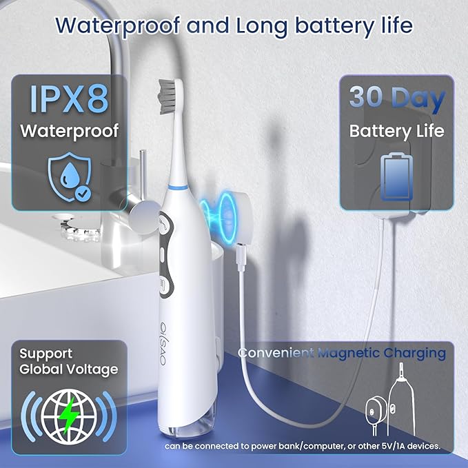 3-in-1 Flossing Toothbrush-Flosses, Vibrates and Oscillates, Electric Toothbrush with Water Flosser Equipe 5 Brush Heads, Plaque Removal for Sensitivity, Braces-White