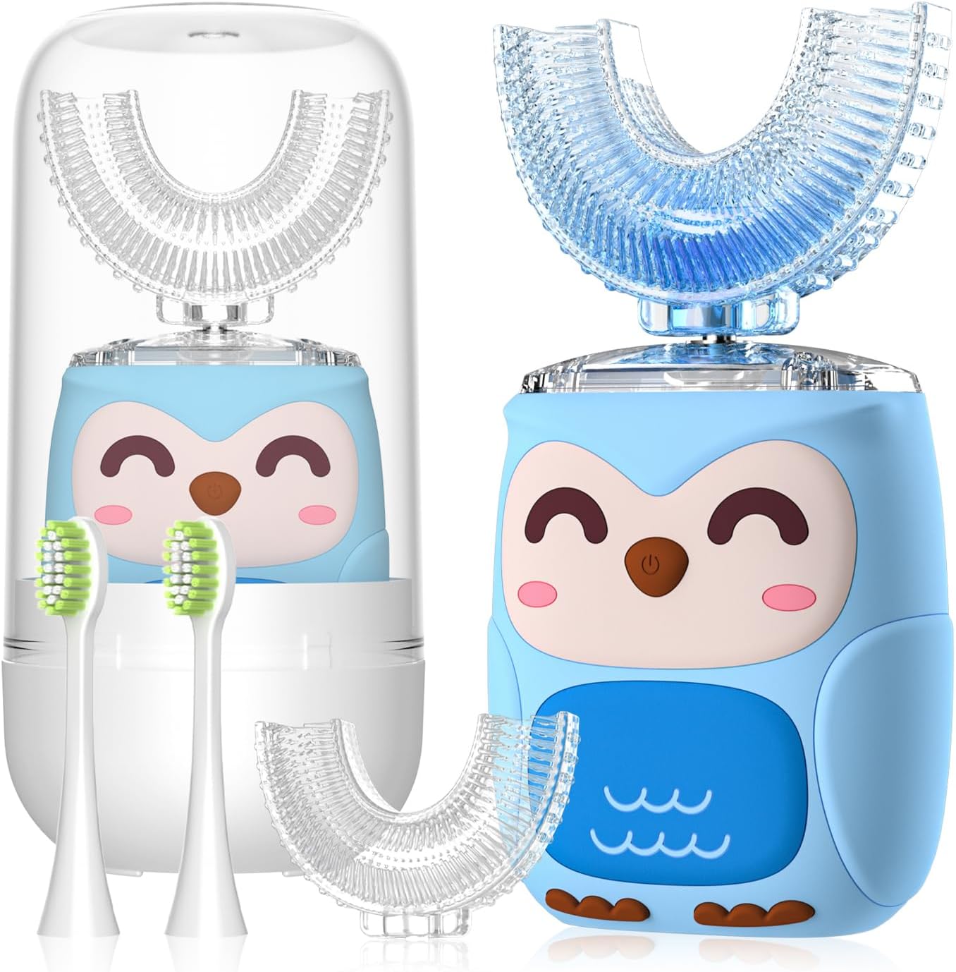 Kids Electric U Shaped Toothbrush Kids Sonic Toothbrush with 4 Soft Brush Head Automatic Full Mouth 6 Cleaning Mode-(Age2-7 Blue)