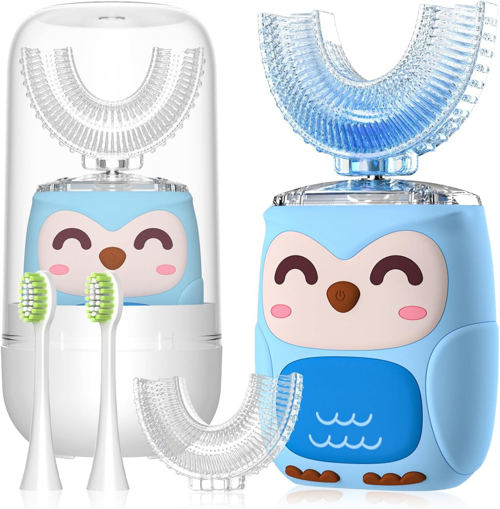 Kids Electric U Shaped Toothbrush Kids Sonic Toothbrush with 4 Soft Brush Head Automatic Full Mouth 6 Cleaning Mode-(Age8-15 Blue)