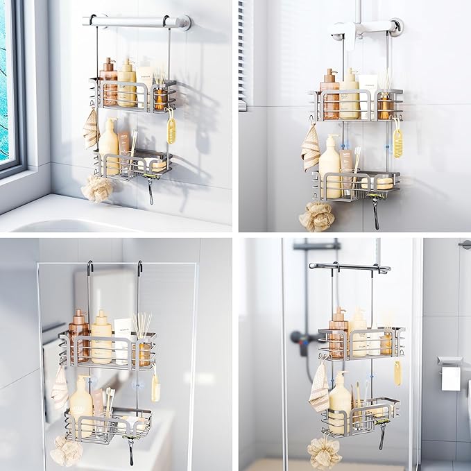 SWTYMIKI Shower Caddy Hanging Organizer - Over the Door Shower Caddy with Soap Holder, 11 Hooks, 2 Installation Ways, Stainless Steel Rustproof Bathroom Organizer, Sand Nickel