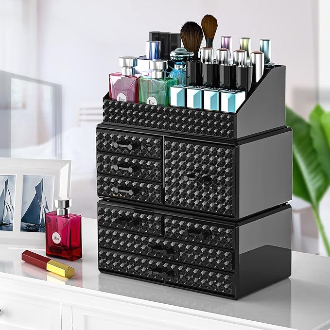 3 Pack Makeup Organizer Stackable[Upgraded], Acrylic Cosmetics Storage Cases with 8 Drawers Perfume Organizers For Brush Holder or Jewelry Display,Plus Size,Best For Vanity,Bathroom or Countertop