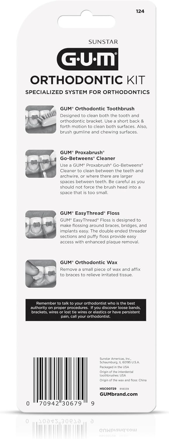 GUM Orthodontic Kit – Features Orthodontic Toothbrush, 3 Proxabrush Sizes and Shred-Resistant EasyThread Floss, and Mint Ortho Wax