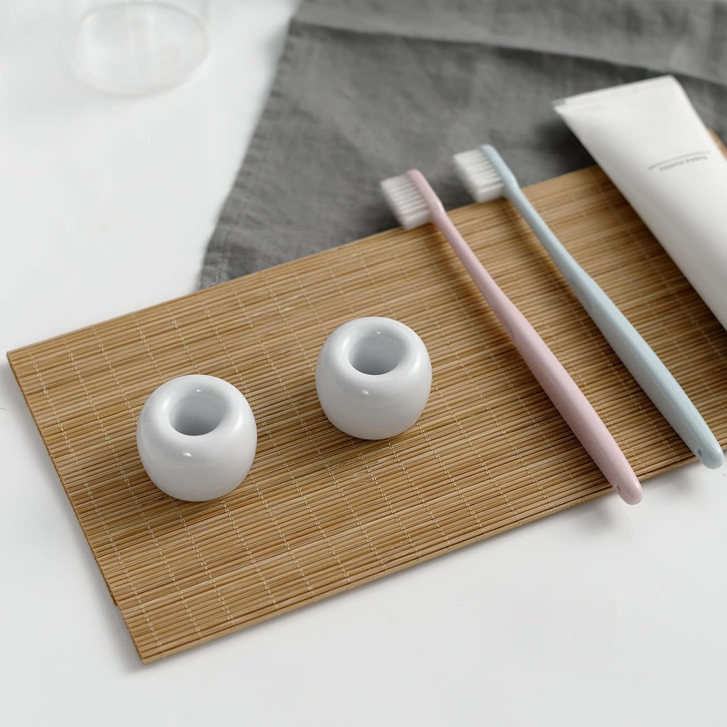 Mini Ceramic Couple Toothbrush Holder, Hand-Made Bathroom Toothbrush Holder, Electric Toothbrush Head Holder and Office Pen Holder 2-Piece Set (White)