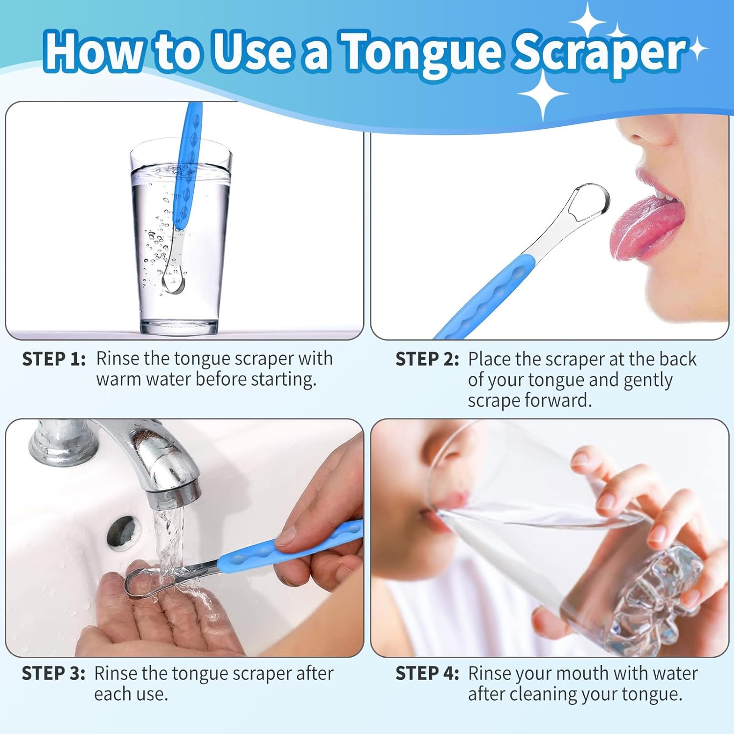 4-Pack Colorful Tongue Scraper for Adults with Travel Case, Stainless Steel, Metal Tongue Brush for Bad Breath, Oral Hygiene Tool, Easy to Use & Portable