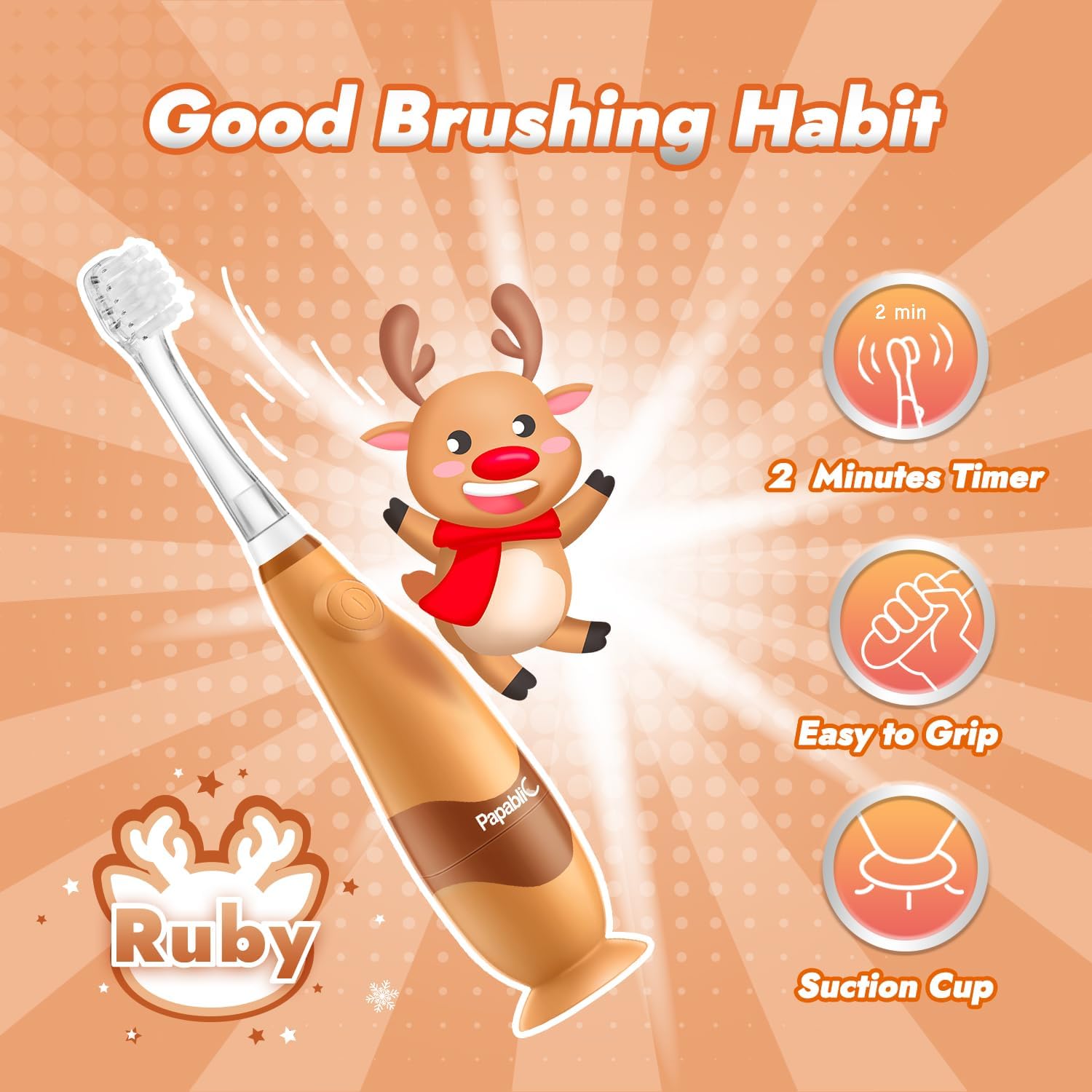 Papablic Toddler Sonic Electric Toothbrush for Ages 1-3 Years, Baby Electric Toothbrush with Cute Reindeer Cover and Smart LED Timer, 2 Brush Heads (Ruby)