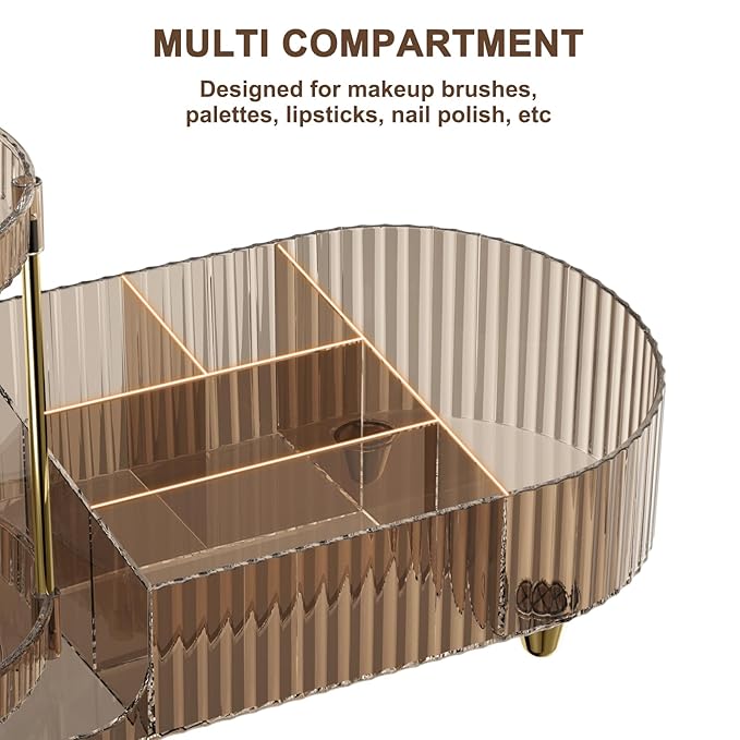 Makeup Organizer Countertop with 360 Rotating Perfume Trays, 7-Divider Vanity Skincare Organizers, Make Up Desk Organization and Storage with Cosmetic Brush Holder for Bedroom Bathroom Counter