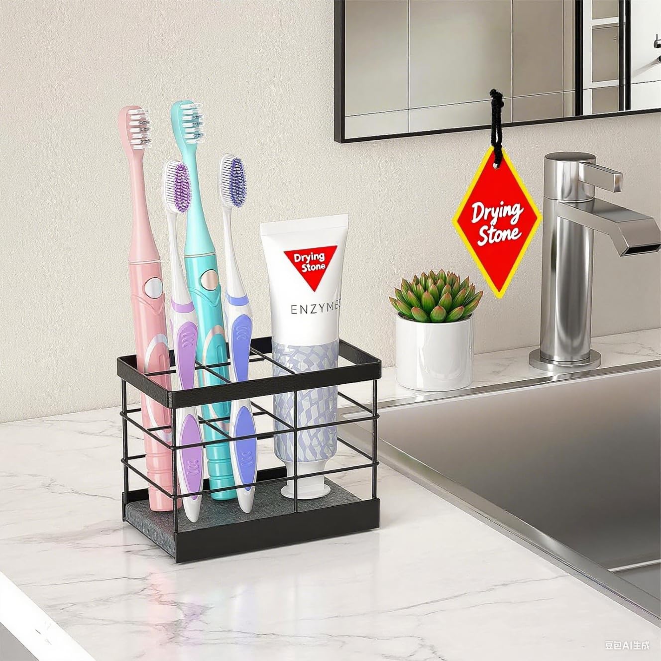 MOJOHAND Toothbrush Holders with Instant Drying Stone for Bathrooms, Stainless Steel Bathroom Electric Toothbrush Toothpaste Holder, Multi-Slots Openwork Design, Bathroom Accessories Organizer