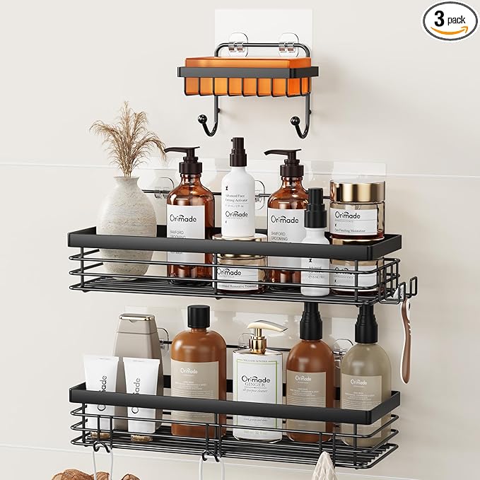 Orimade Adhesive Shower Caddy Soap Dish Holder Shelf with 5 Hooks Bathroom Organizer Basket Kitchen Storage Rack Wall Mounted No Drilling Stainless Steel - 3 Pack, Black