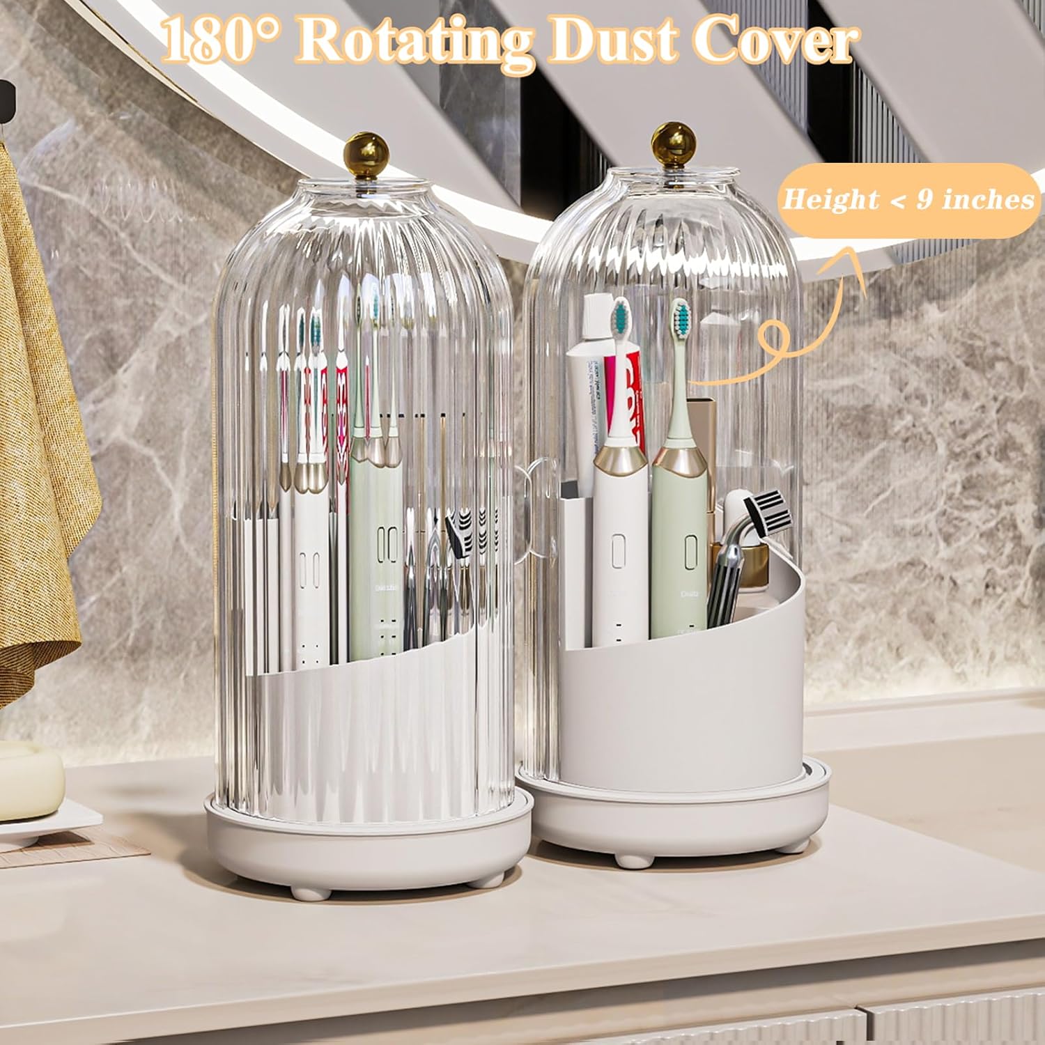 Toothbrush Holders with Cover, Drainage Rotating Electric Toothbrush Organizer, 3 Slots Tooth Brush Holder for Bathroom Counter, Transparent