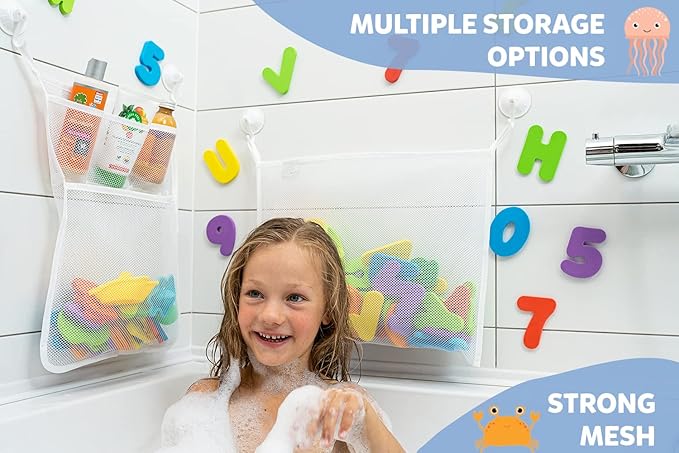 2 x Mesh Bath Toy Organizer + 8 Ultra Strong Hooks – The Perfect Bathtub Toy Holder & Bathroom or Shower Caddy – These Multi-use Net Bags Make Baby Bath Toy Storage Easy – For Kids & Toddlers