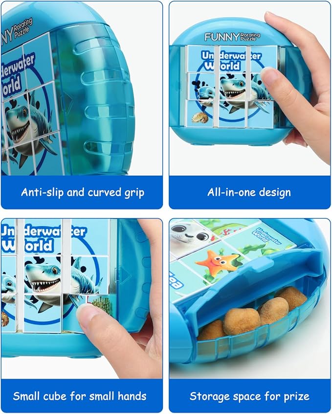 Rotating 3D Puzzle for Kids 3 4 5 6 7 Year Old, 4 Puzzles in 1, Handheld Game Fidget Toys for Travel, Cars & Plane, Fine Motor Skills Developing (Marine Life)