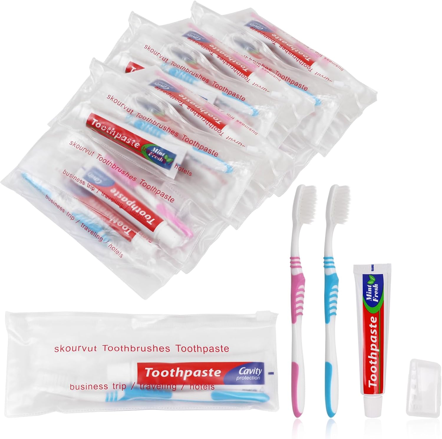 Disposable Toothbrushes with 45 Grams Toothpaste Individually Wrapped, Travel Kit Whit Plastic Zip Bag,Toothbrush Head Cover, Bulk Toothbrush for Homeless,Travel,Shelter,Air Bnb,Hotel,Guest(50)