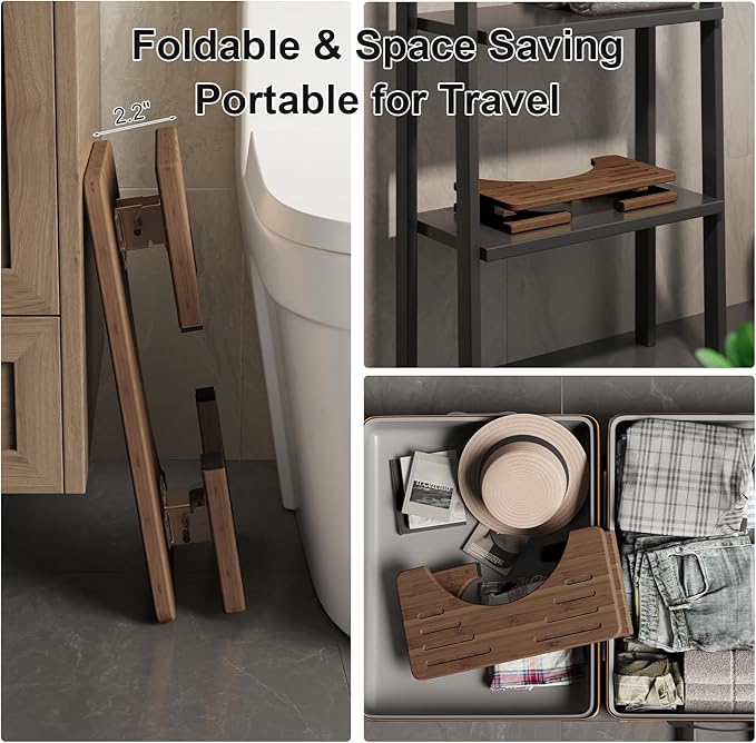 Toilet Stool Poop Stool, Collapsible Squatting Potty for Adults & Kids, Wooden Bamboo Step Stool for Bathroom, 7 Inch Height Foldable Pooping Toilet Foot Stool, Brown
