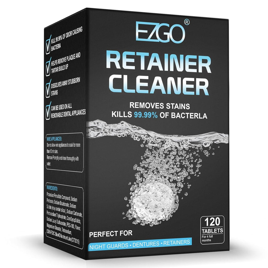 EZGO Retainer Cleaner Tablets, Denture Cleaning Tablets for Mouth Guard, Night Guard and Removable Dental Appliances, Removes Stains, Bad Odor, Plaque in 3 Minutes, 4 Months Supply (120 pcs)