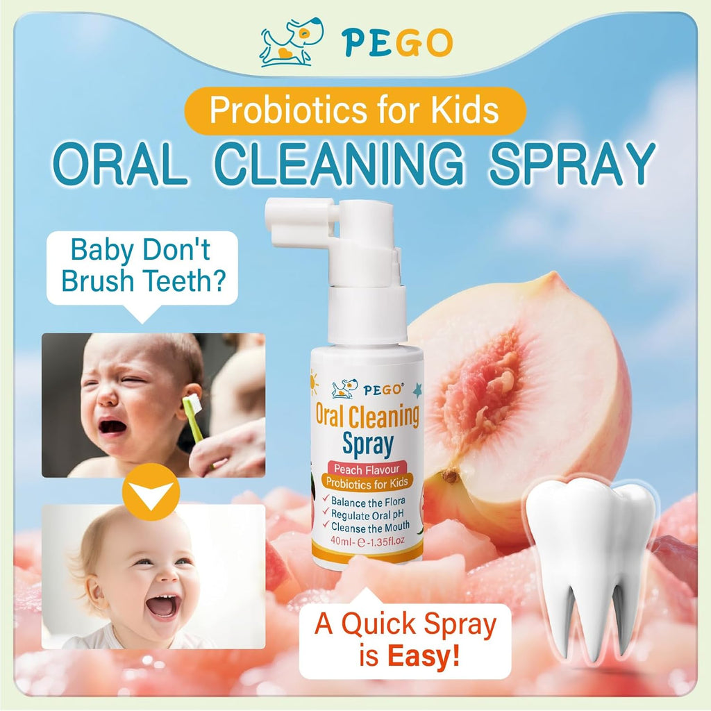 PEGO Kids Oral Spray, Toddler Toothpaste Helper for Fresh Breath，Kid's Mouth Spray with Fluoride Free for Newborn to 12 Years (2Pack, Peach)