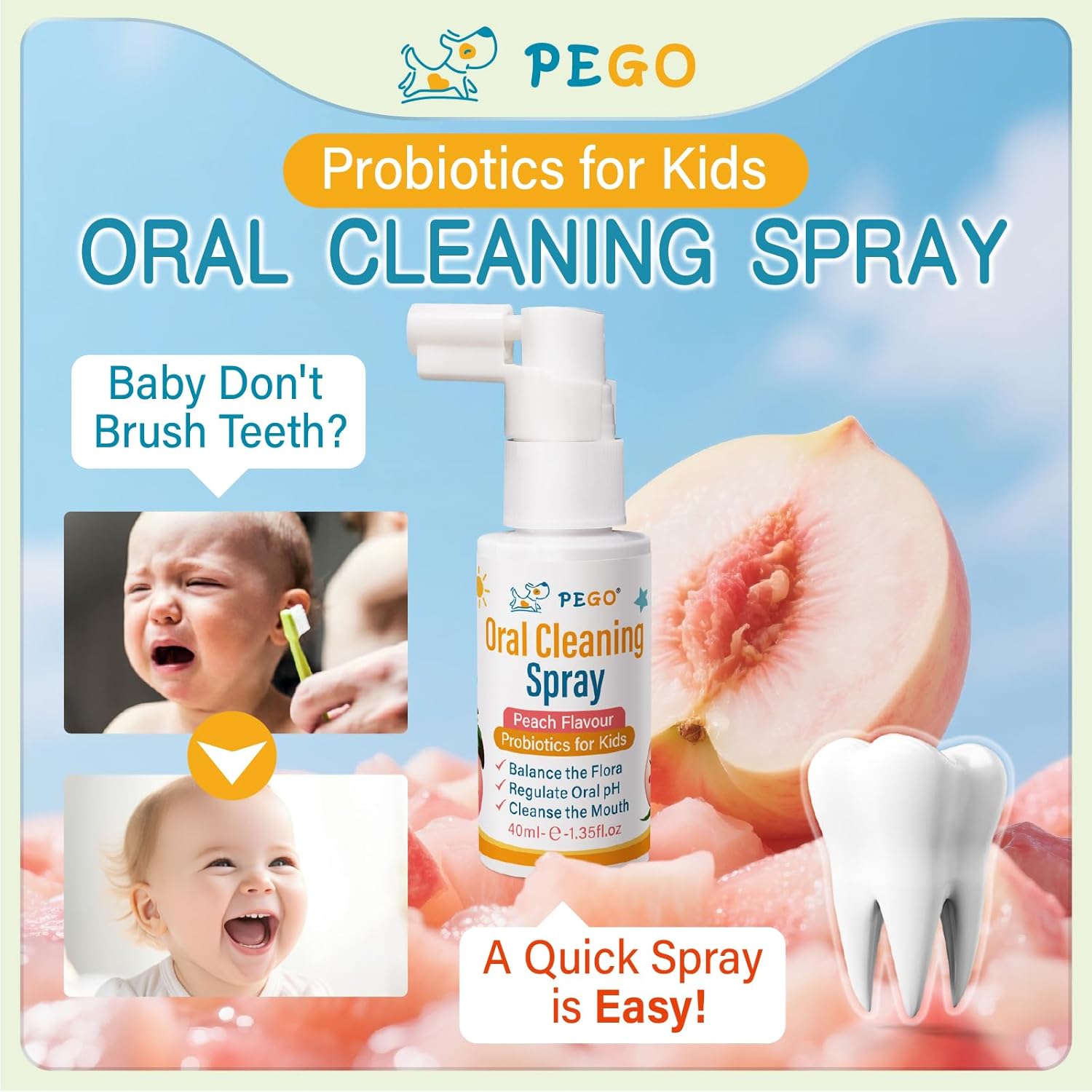 PEGO Kids Oral Spray - Toddler Toothpaste Helper for Fresh Breath, Fruit-Flavored, Probiotic Mouth Spray,Fluoride Free for Newborn to 12 Years (40ml*1, Peach)