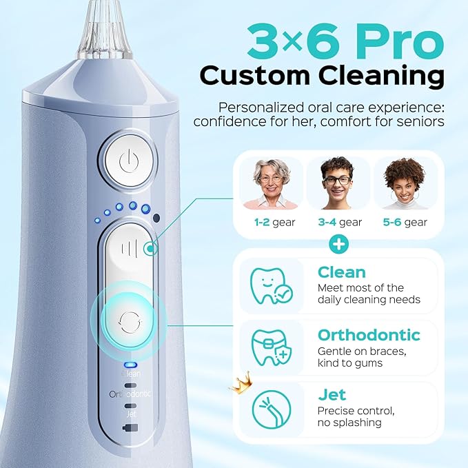 COSLUS Portable Water Flosser for Teeth: 3 Modes & 6 Pressure Settings with Jet Mode Water Dental Pick for Orthodontic, Braces, Sensitive Gums, Compact for Travel, 300ML for Multiple Users, Blue C51