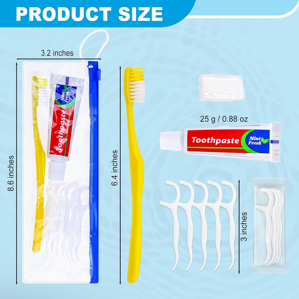 100 pcs Disposable Toothbrushes with Toothpaste and Floss Set,Yellow Individually Wrapped Bulk Single Use Toothbrush Floss Cover Travel Toothbrushes Kit with Zip Bag for Homeless,Hotel,Guest