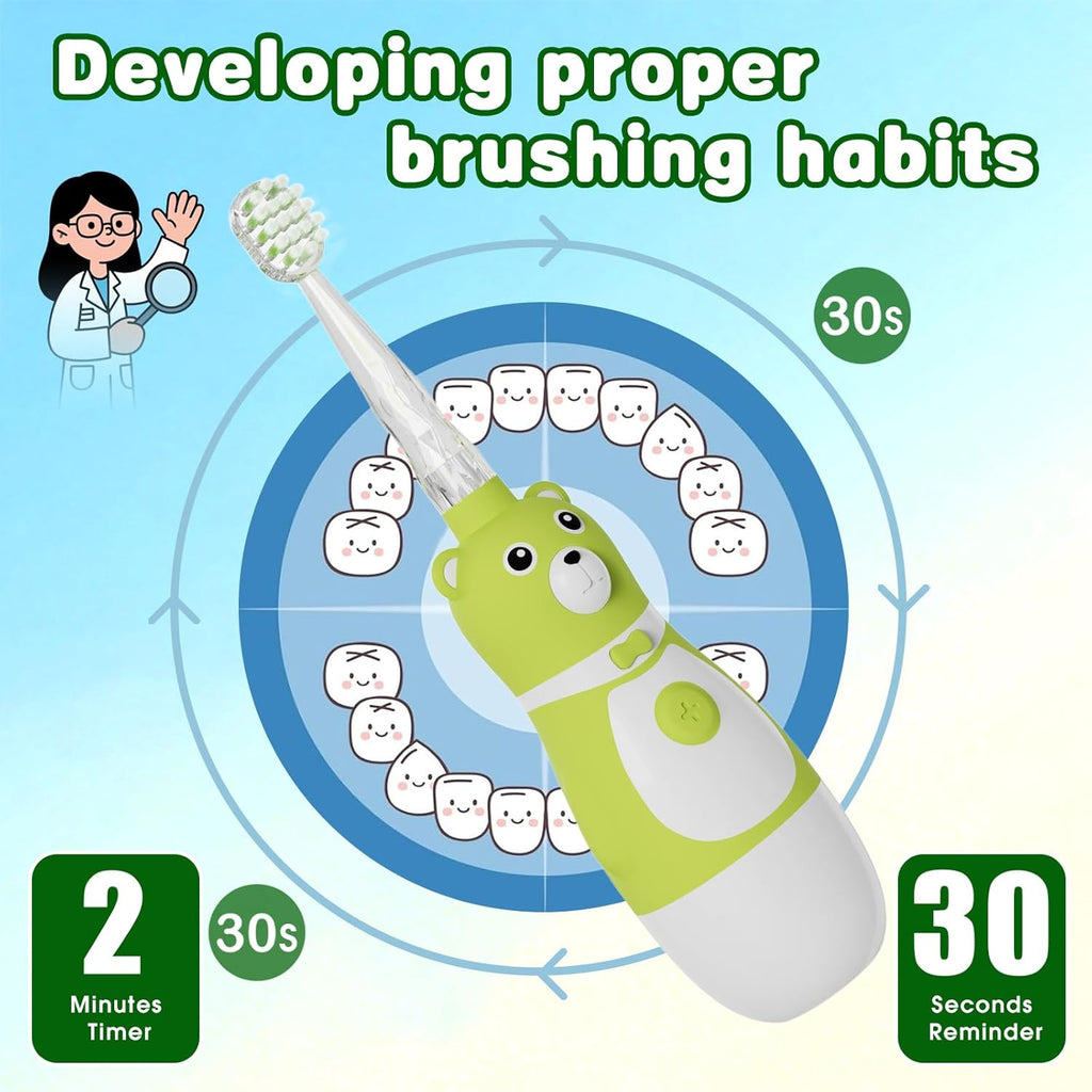 Kids Electric Toothbrush Sonic Battery-Powered for Toddler Ages 2-10, 2-Min Smart Timer LED Light with 3 Color Cleaning Modes, Green FunBear Boys Girls 2 Replacement Heads